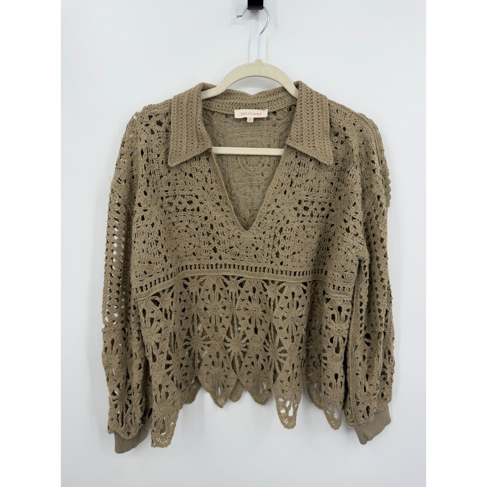Solitaire Crochet Knit‎ Sweater Womens Medium Taupe Boho V-Neck Pullover